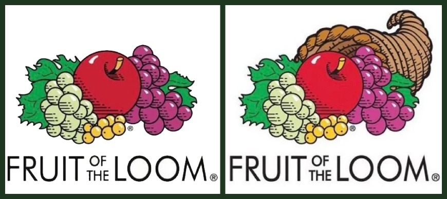 Two versions of the Fruit of the Loom logo, one being accurate, the other edited.