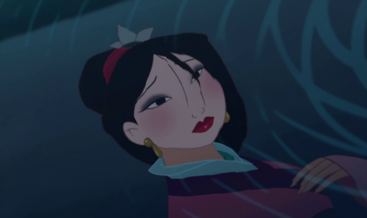 Still frame from Mulan showing Mulan's reflection.