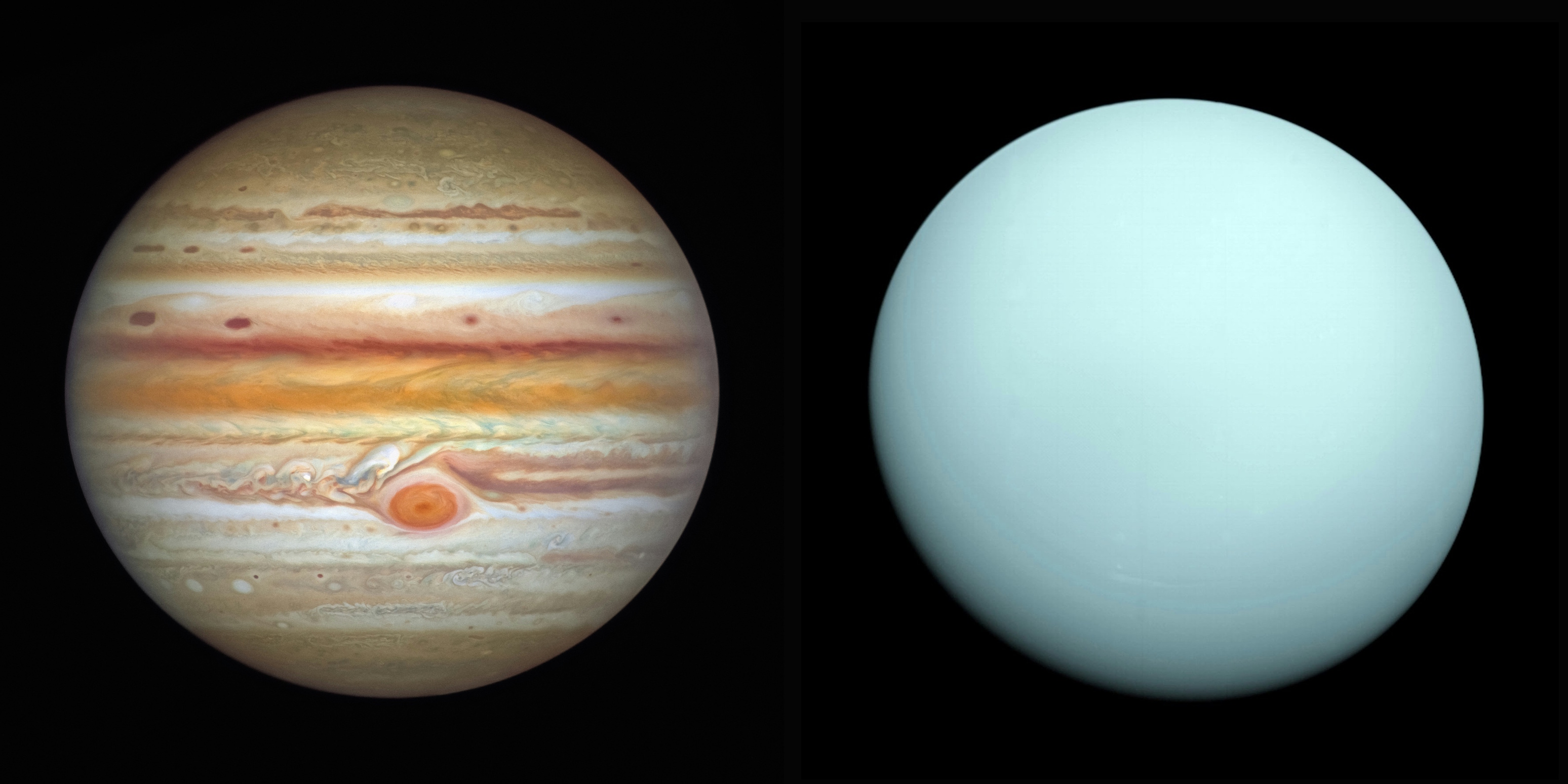 Two photos of Jupiter and Uranus side by side.