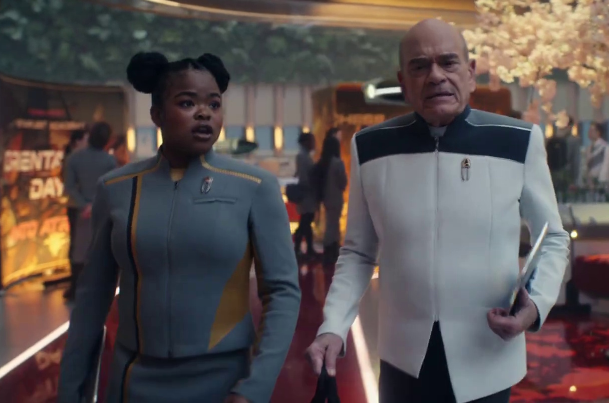 Still frame from the second trailer for Star Trek: Starfleet Academy showing Sam and the Doctor.