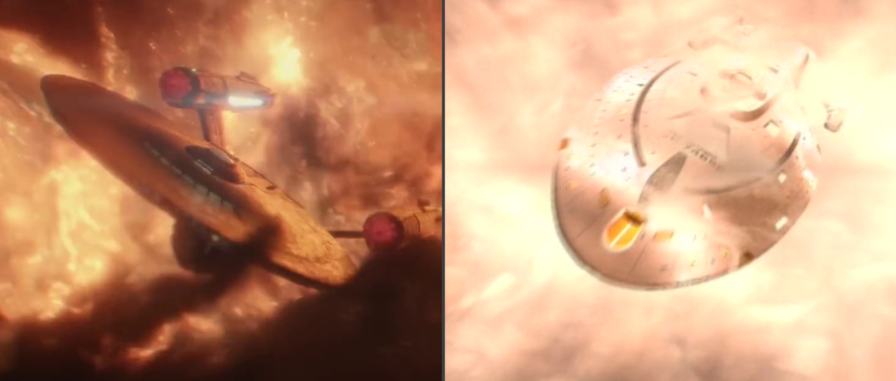 Side-by-side comparison of Star Trek: Strange New Worlds Season 4 and Star Trek: Voyager Season 1, showing both starships caught in an orange-tinted region of space and being tossed around.