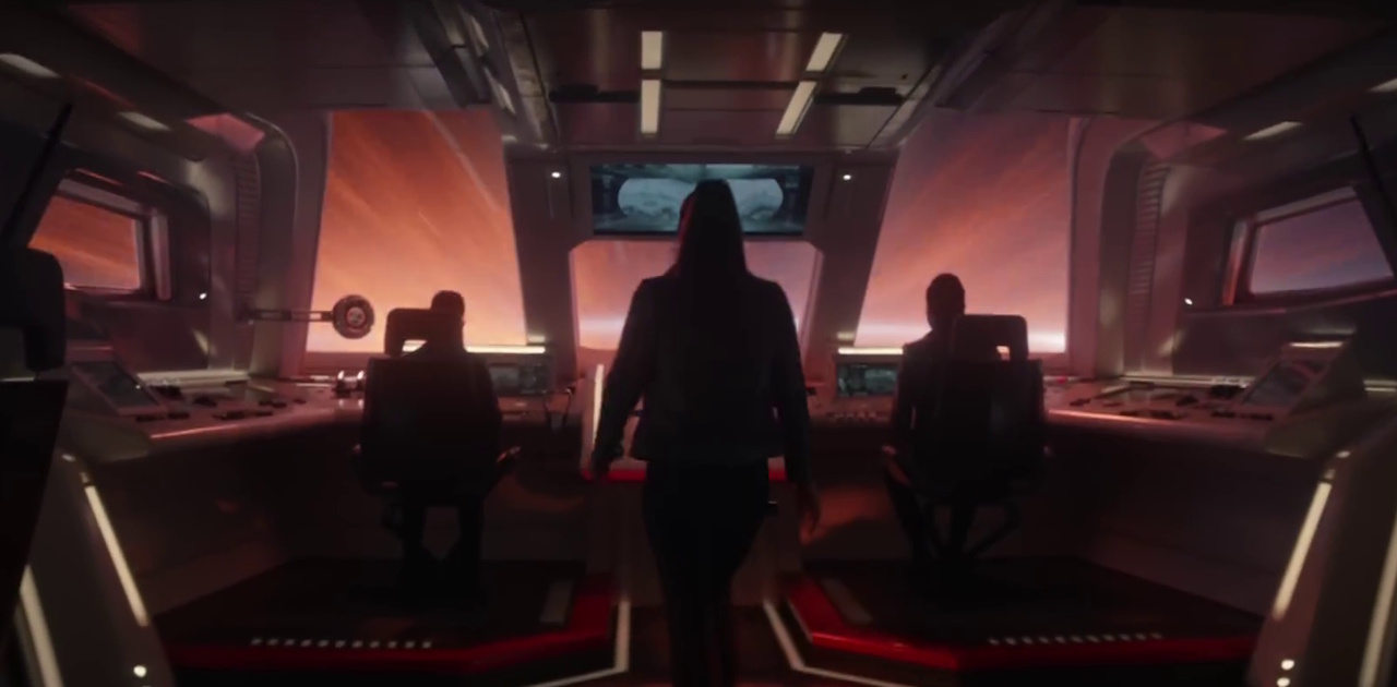 Still frame from the Star Trek: Strange New Worlds Season 4 promo clip showing Una, La'an, and Ortegas on a shuttlecraft.