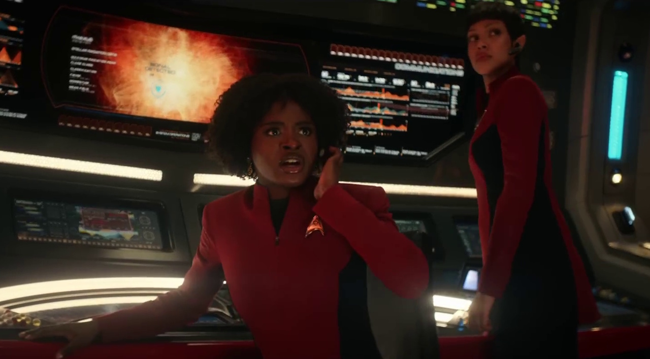 Still frame from the Star Trek: Strange New Worlds Season 4 promo clip showing Uhura and a cadet.