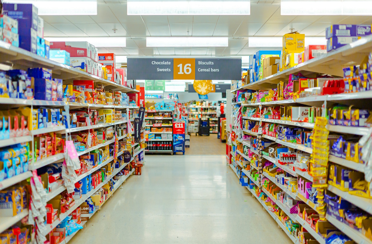 Stock photo of a British supermarket aisle.