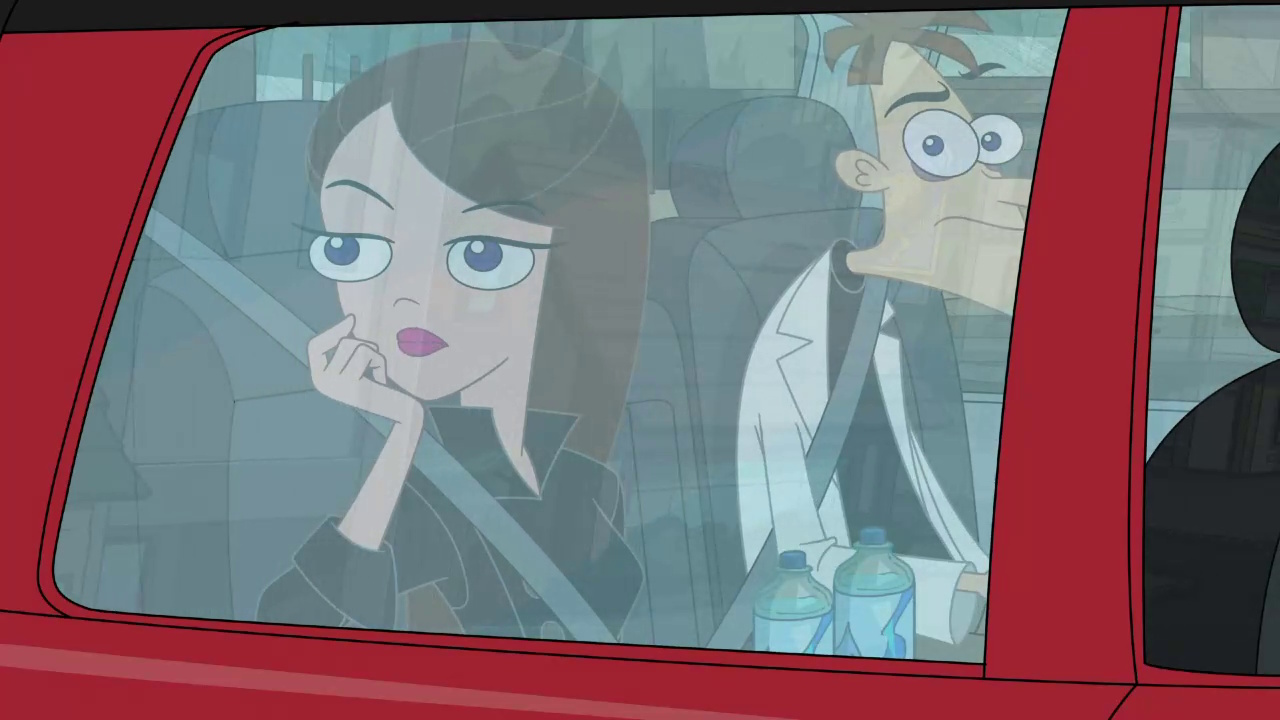 Still frame from Phineas and Ferb Season 5 showing Doof and Vanessa in the back of a car.