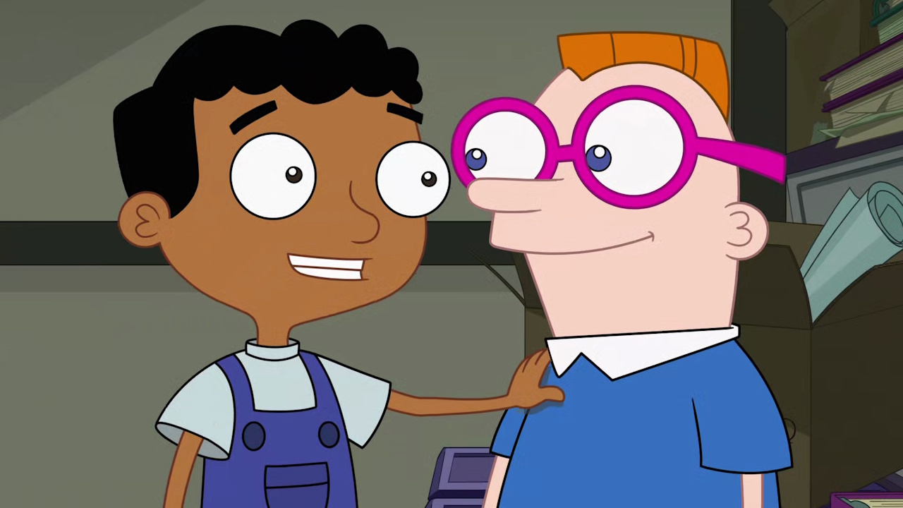 Still frame from Phineas and Ferb Season 5 showing Baljeet and Irving.