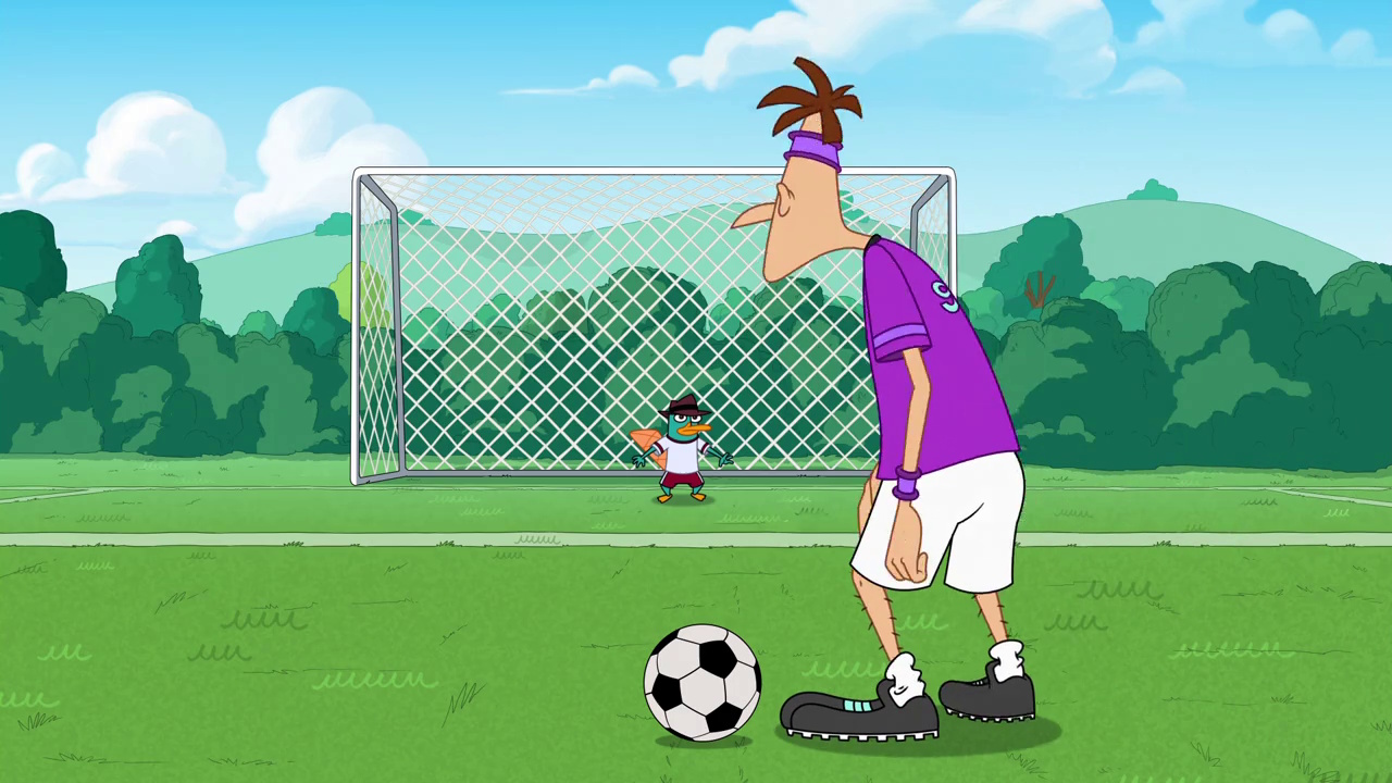 Still frame from Phineas and Ferb Season 5 showing Doofenshmirtz and Perry playing football (soccer).