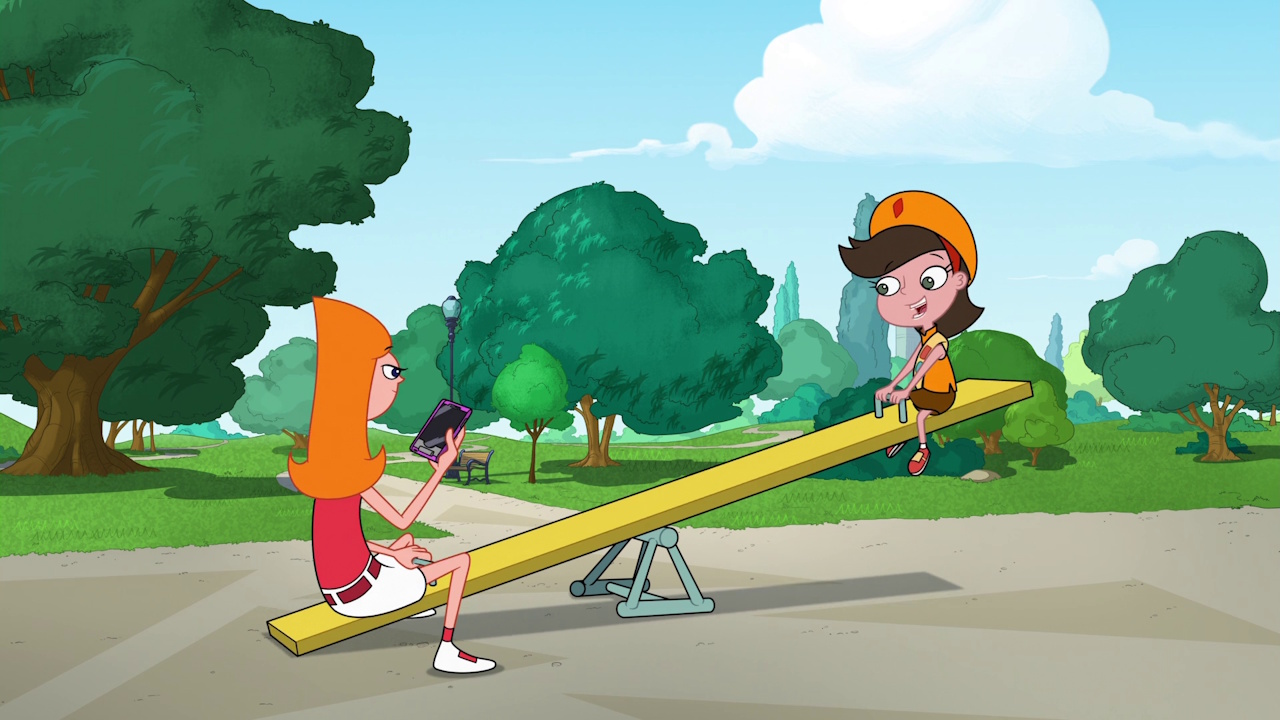 Still frame from Phineas and Ferb Season 5 showing Candace playing with Addyson.