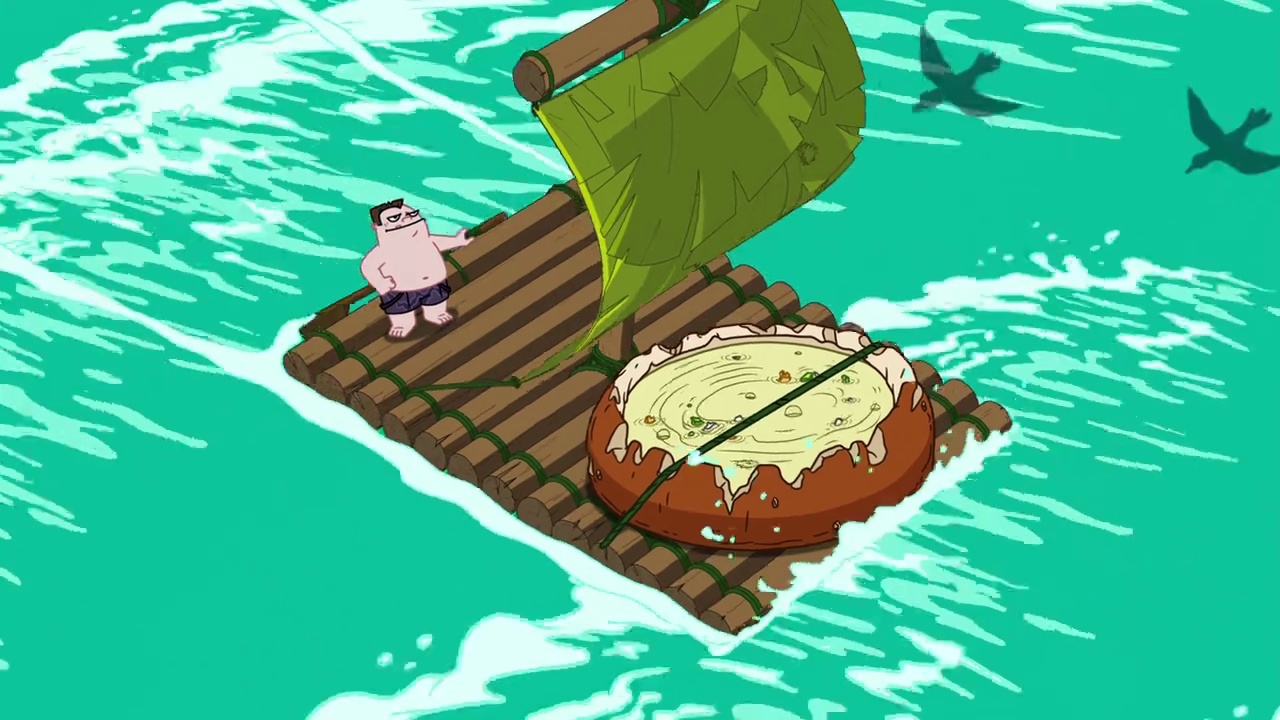 Still frame from Phineas and Ferb Season 5 showing Buford on a raft.
