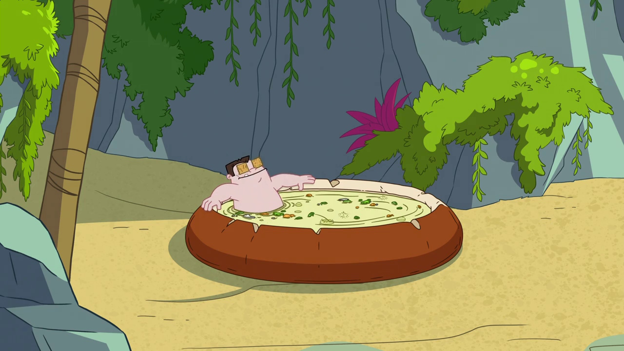 Still frame from Phineas and Ferb Season 5 showing Buford's bread bowl hot tub.