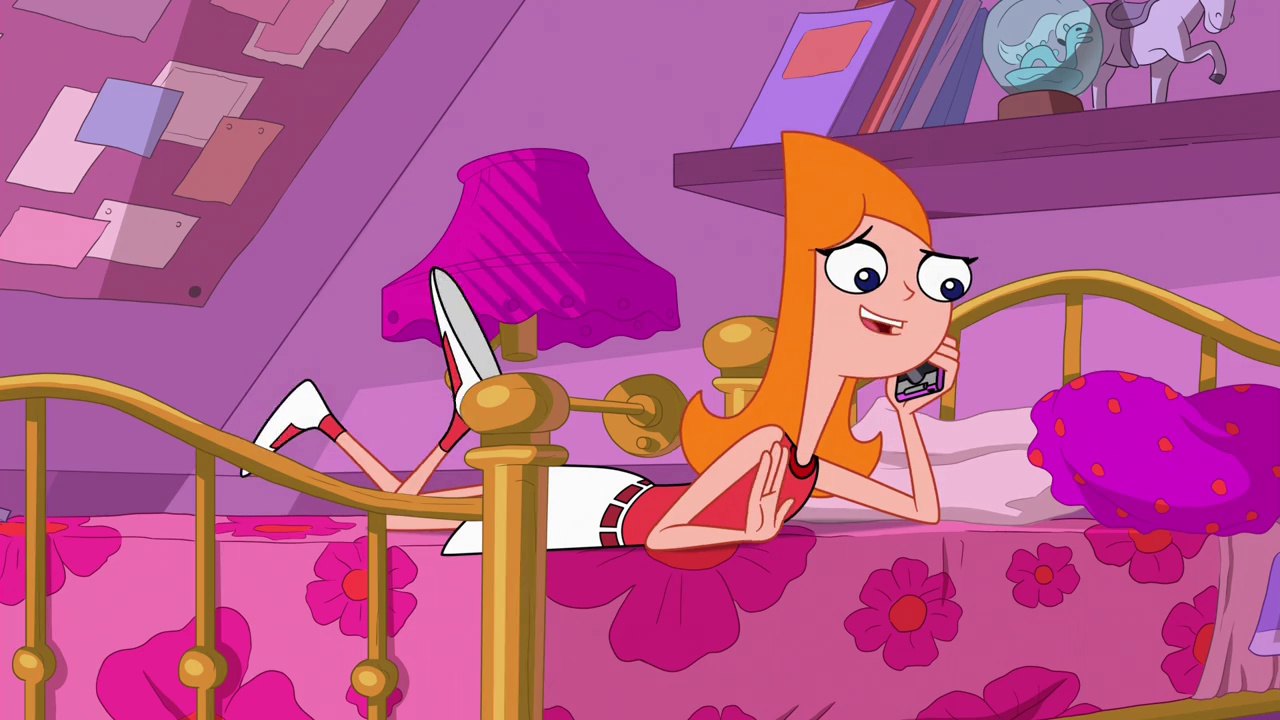 Still frame from Phineas and Ferb Season 5 showing Candace on her bed.