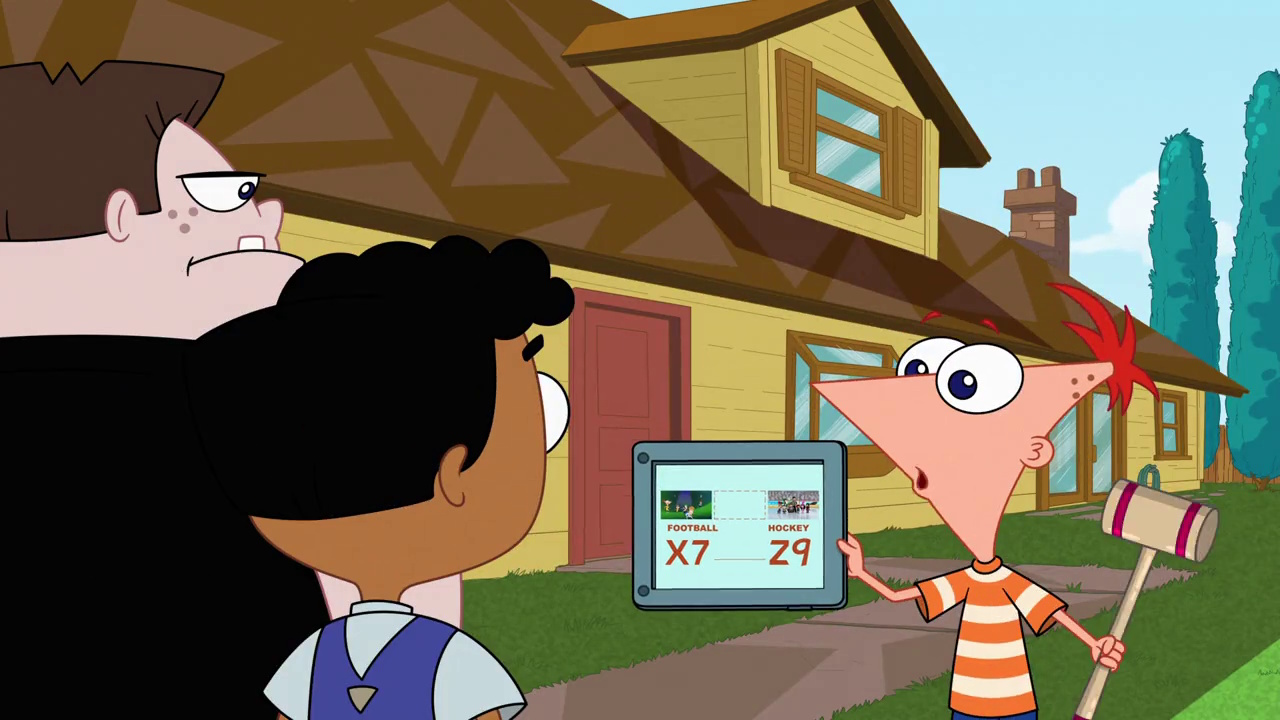 Still frame from Phineas and Ferb Season 5 showing Phineas explaining his new game.
