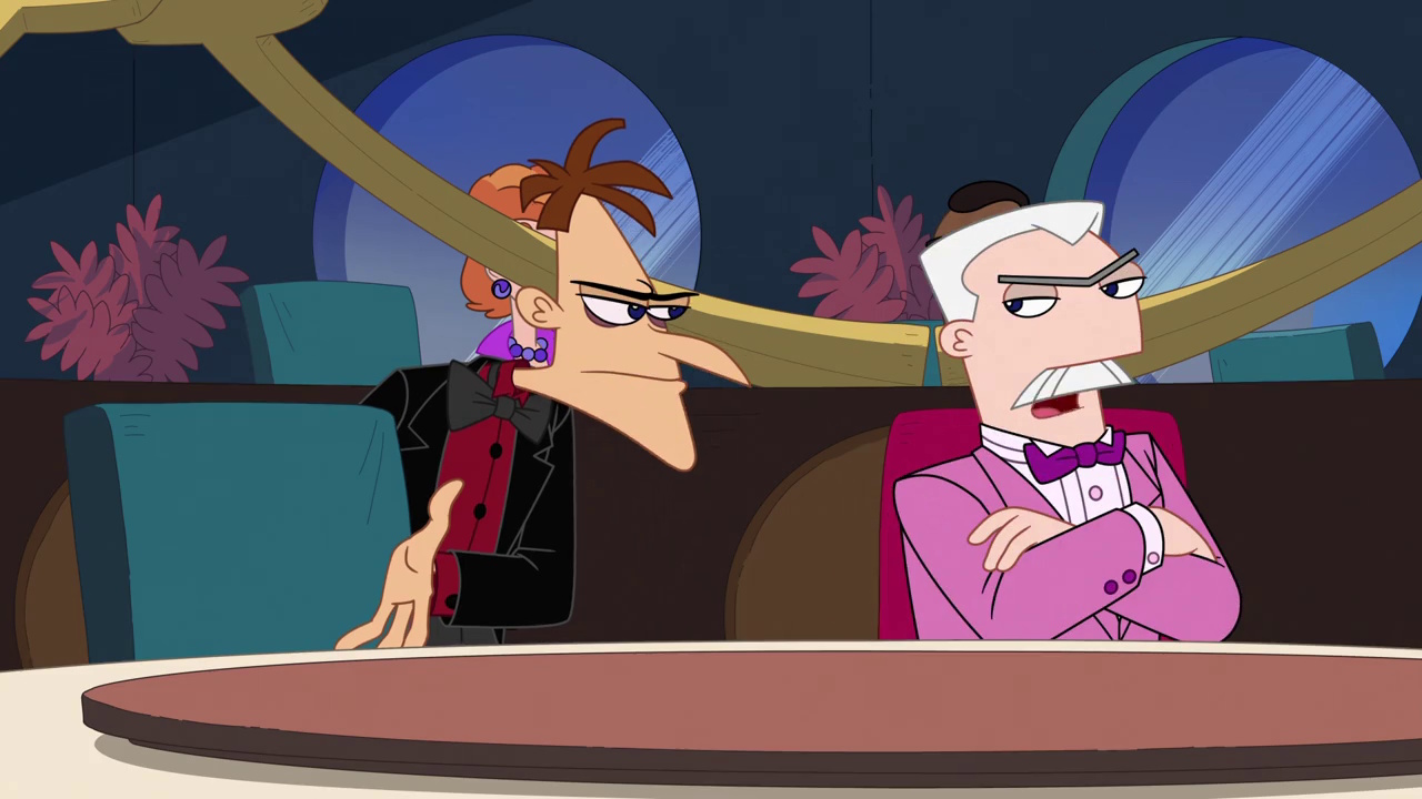 Still frame from Phineas and Ferb Season 5 showing Doof and Monogram at a restaurant.