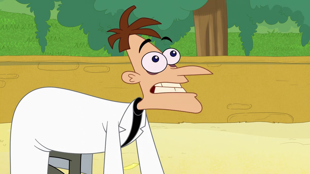 Still frame from Phineas and Ferb Season 5 showing Doof on his hands and knees.