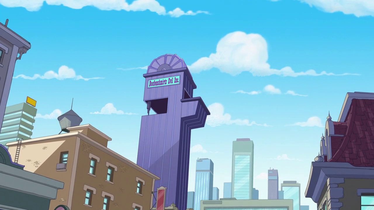 Still frame from Phineas and Ferb Season 5 showing the Doofenshmirtz Evil Incorporated building.