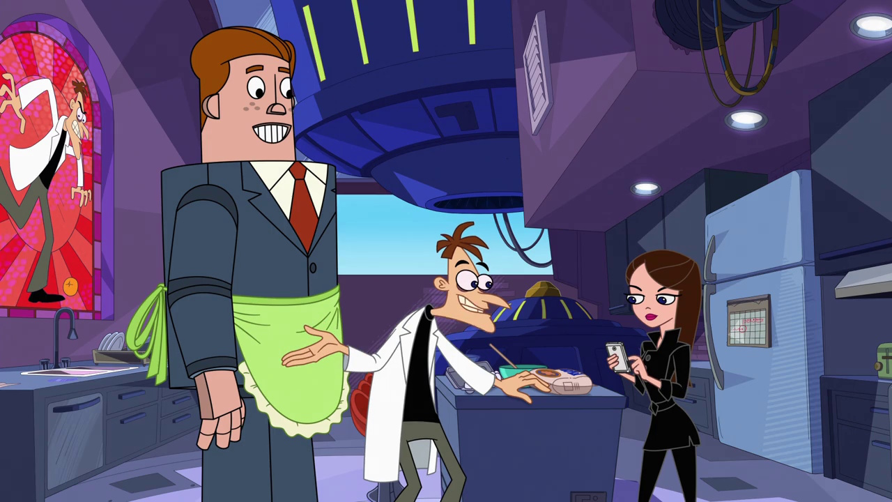Still frame from Phineas and Ferb Season 5 showing Doof, Vanessa, and Norm.
