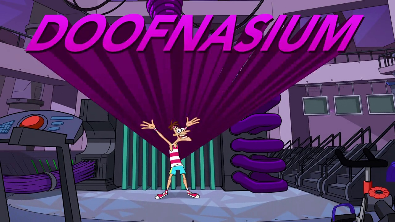 Still frame from Phineas and Ferb Season 5 showing Doof's gym advertisement.