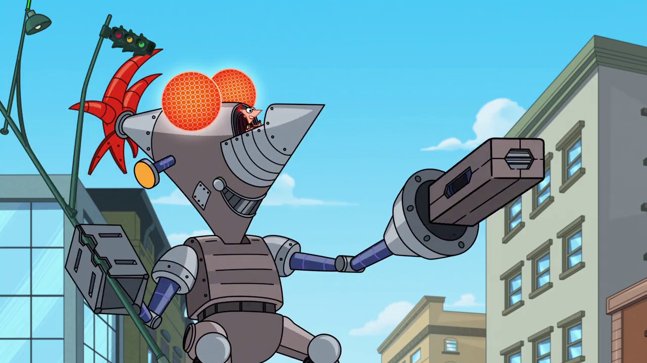 Still frame from Phineas and Ferb Season 5 showing a giant Phineas robot.