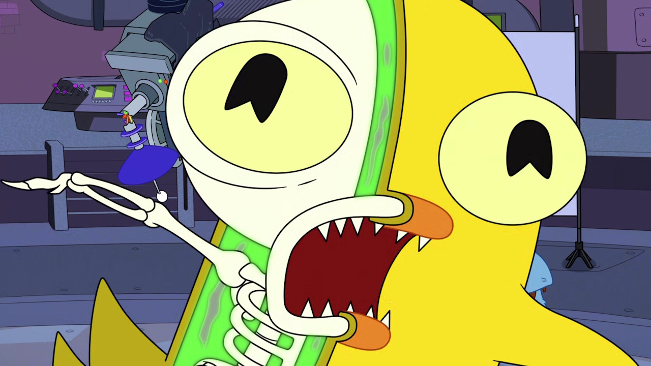 Still frame from Phineas and Ferb Season 5 showing a zombie Ducky Momo.