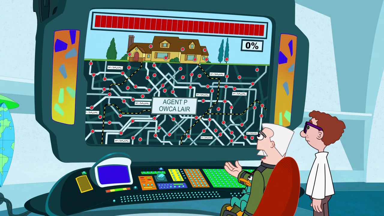 Still frame from Phineas and Ferb Season 5 showing Monogram, Carl, and Perry in Perry's lair.