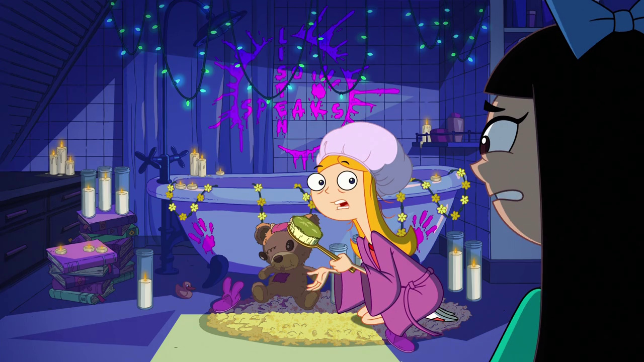 Still frame from Phineas and Ferb Season 5 showing Candace and Stacy trying to speak with the mysterious force.