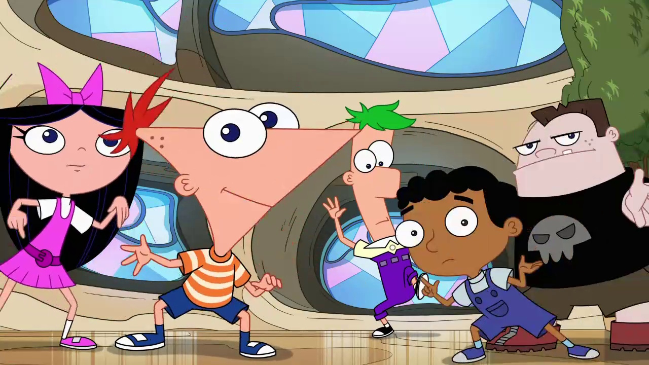 Still frame from Phineas and Ferb Season 5 showing Isabella, Phineas, Ferb, Baljeet, and Buford.