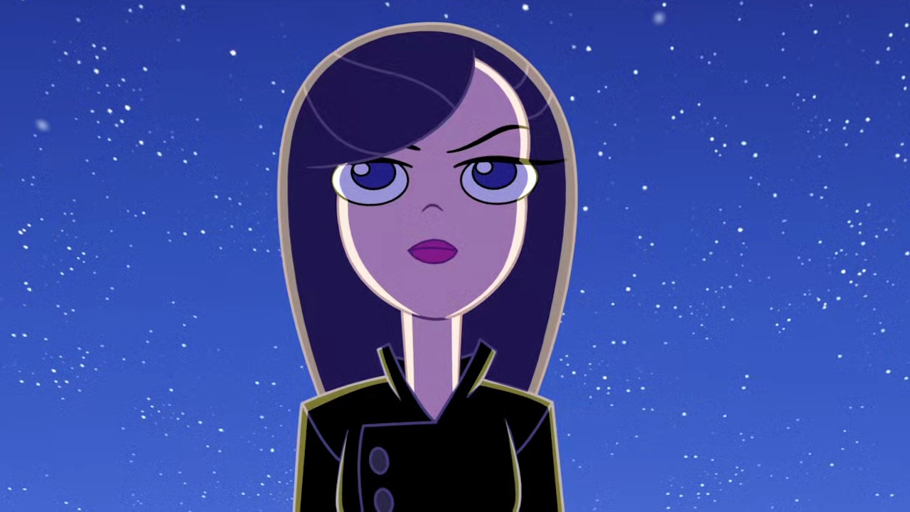 Still frame from Phineas and Ferb Season 5 showing Vanessa in low light.