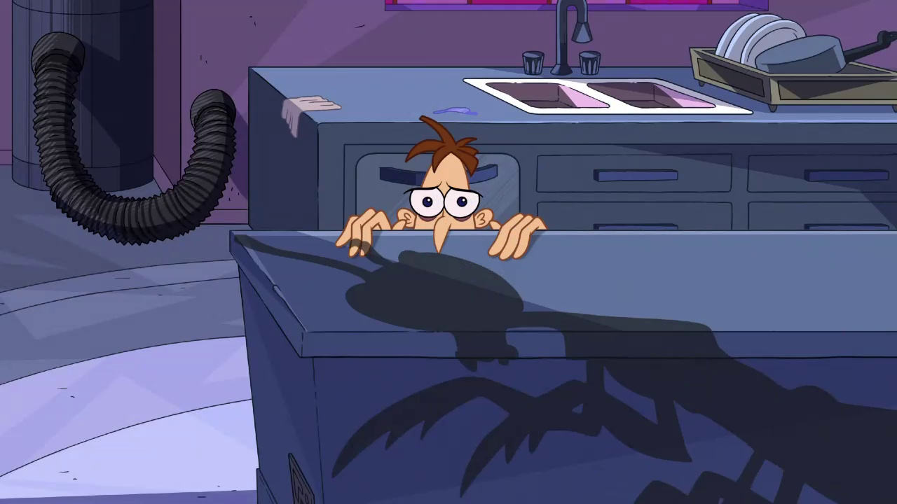 Still frame from Phineas and Ferb Season 5 showing Doof cowering from a giant praying mantis.