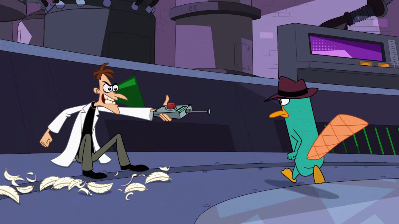 Still frame from Phineas and Ferb Season 5 showing Doof and Perry.