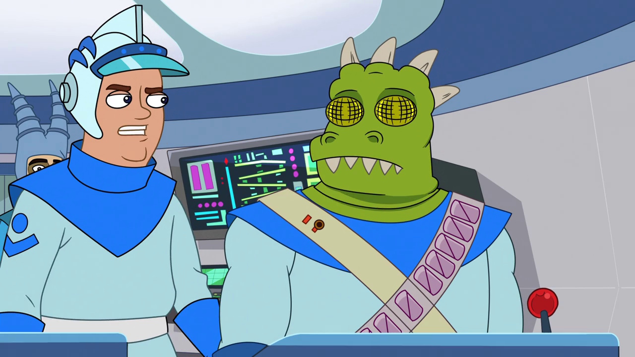 Still frame from Phineas and Ferb Season 5 showing two Space Adventure characters.
