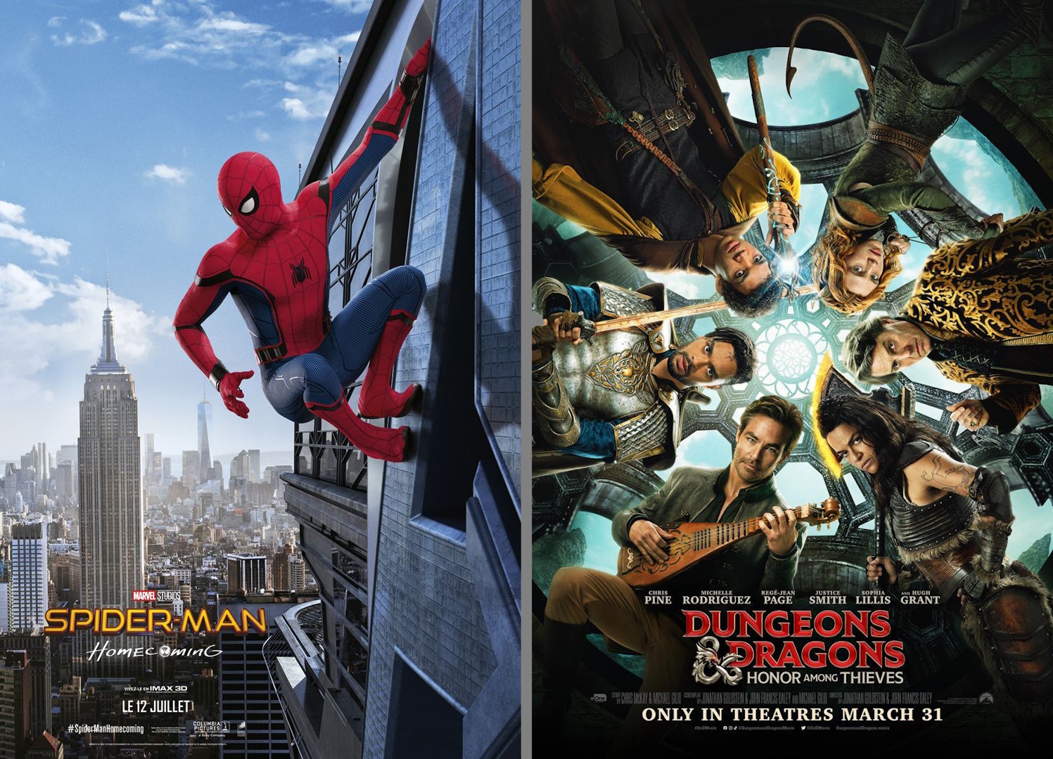 Posters for Spider-Man Homecoming (left) and Dungeons and Dragons: Honor Among Thieves (right).