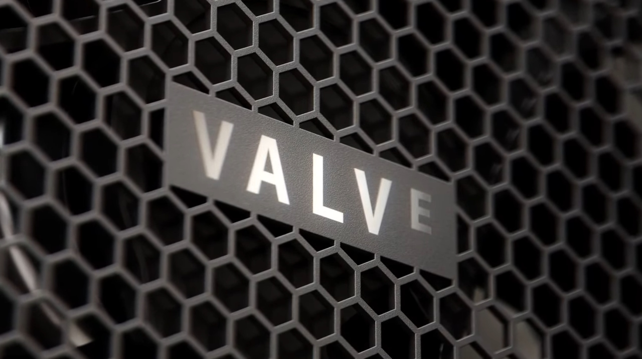Promo image of the Steam Machine focusing on the Valve logo.