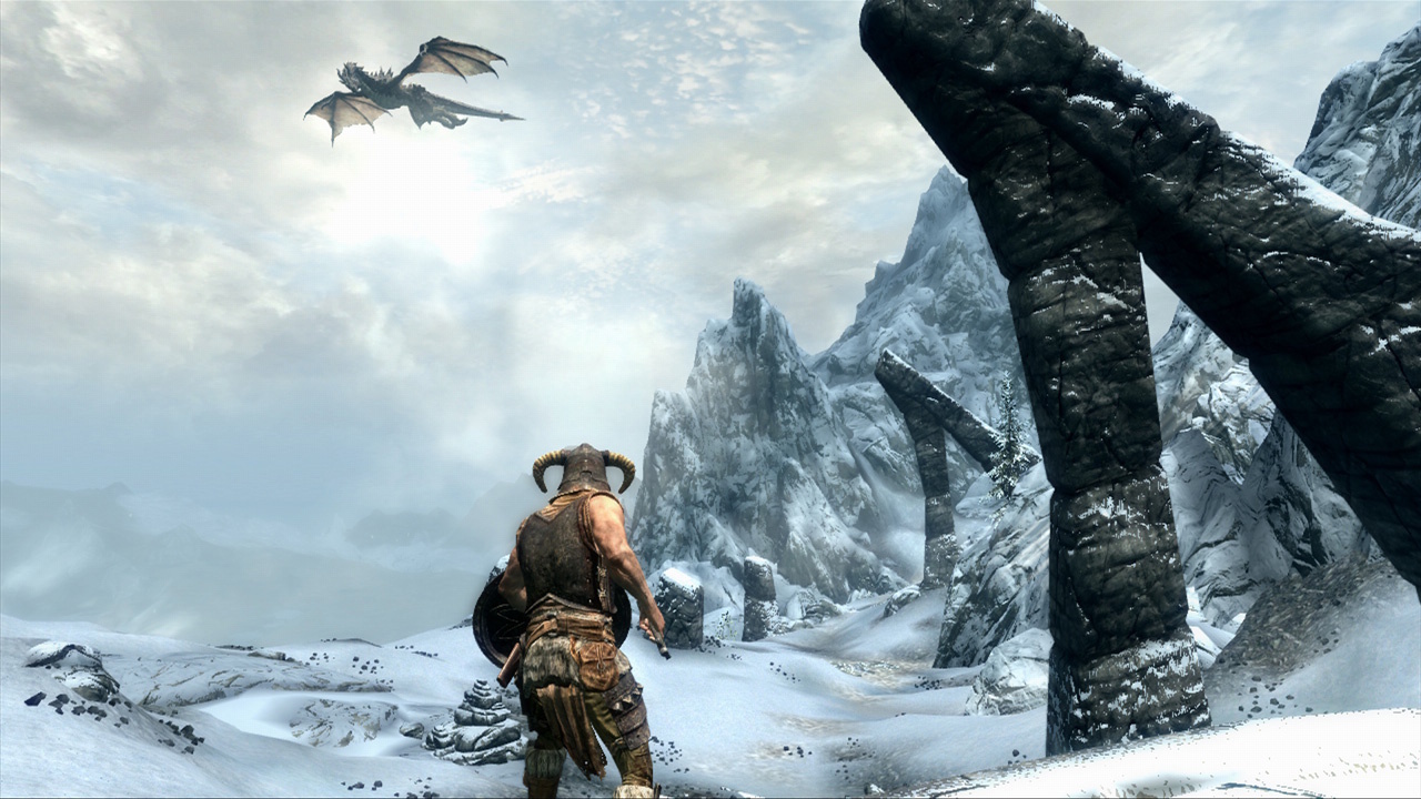 Promo screenshot for The Elder Scrolls V: Skyrim showing a dragon.