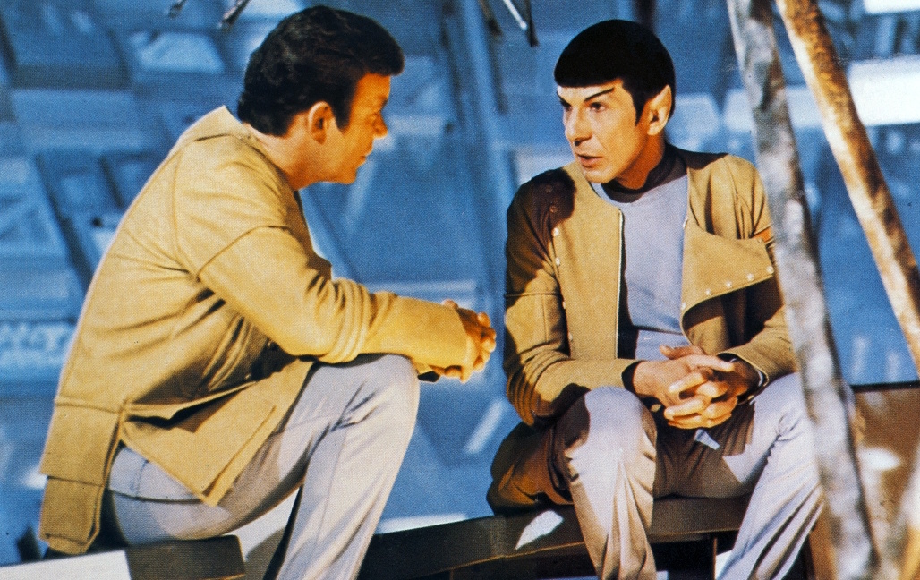 Behind-the-scenes photo from the set of Star Trek: The Motion Picture showing William Shatner (Kirk) and Leonary Nimoy (Spock) having a chat on set.