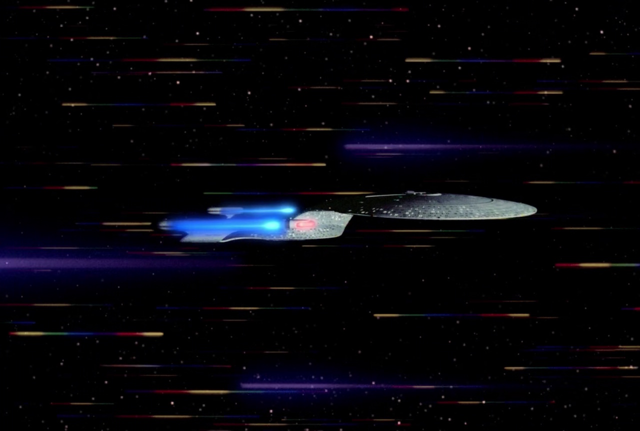 Still frame from Star Trek: The Next Generation Season 1 showing the Enterprise-D at warp.