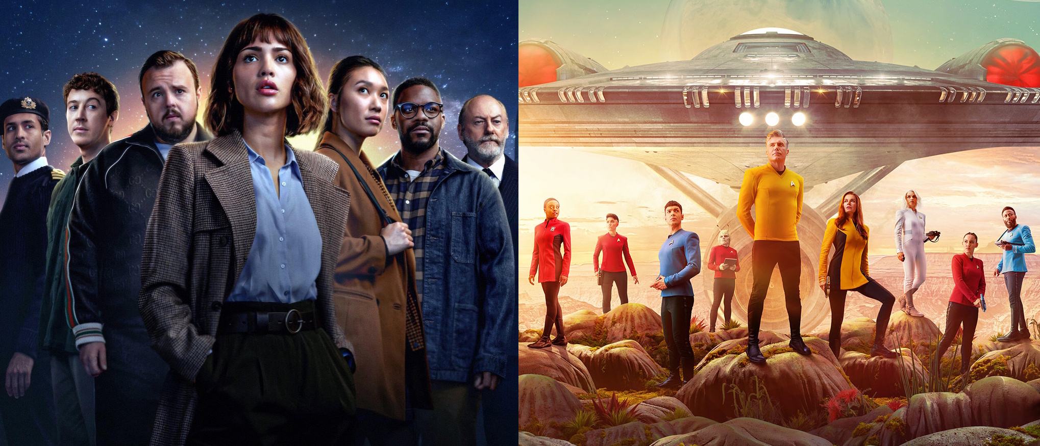 Cropped promo posters for 3 Body Problem S1 (left) and Star Trek: Strange New Worlds S1 (right).
