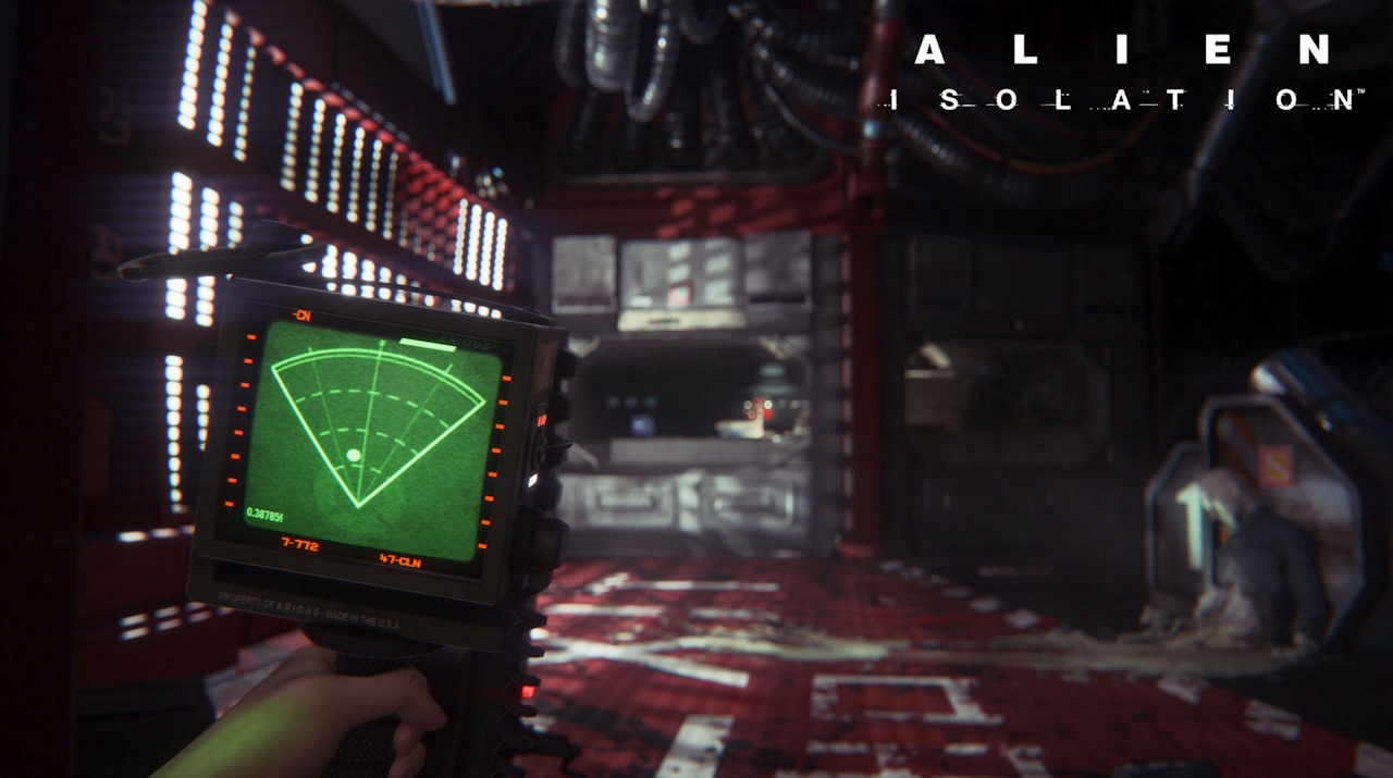 Promo screenshot of Alien: Isolation showing the player holding a scanner.