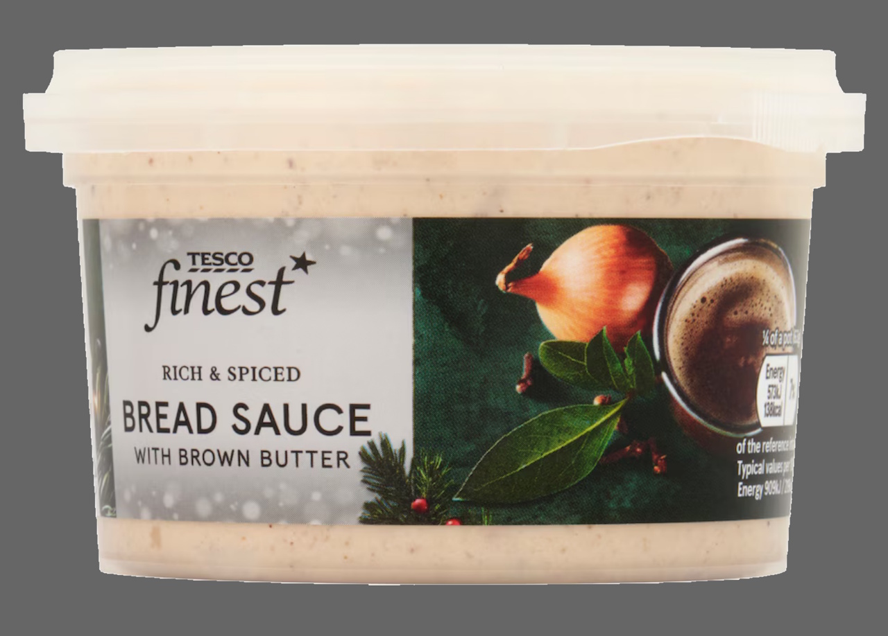 Product photo of Tesco's bread sauce on a grey background.