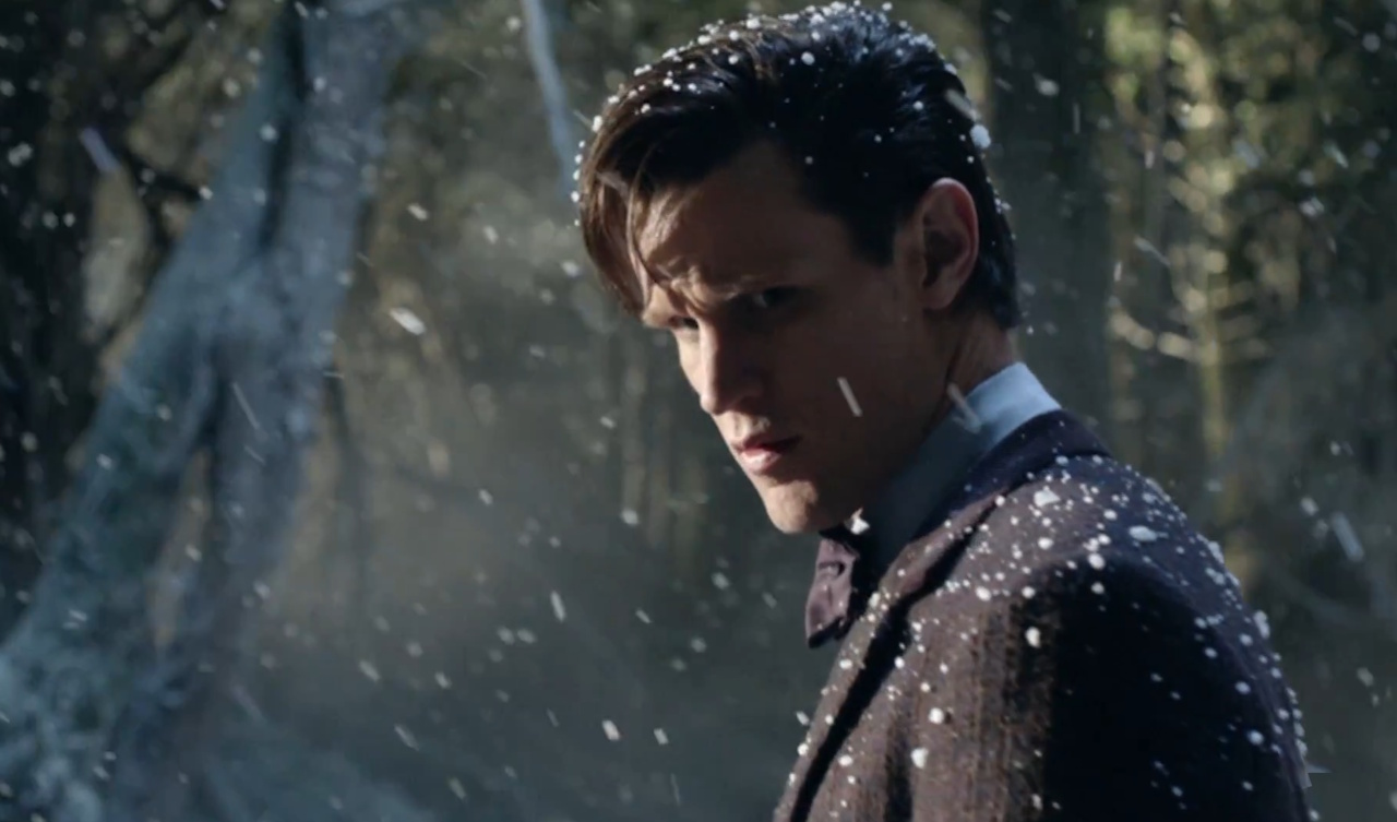 Still frame from Doctor Who showing the 11th Doctor in the snow.