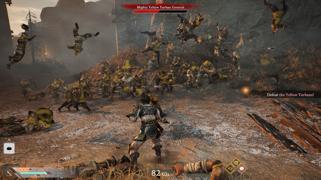 Screenshot of Dynasty Warriors: Origins showing the player character fighting the Yellow Turbans.