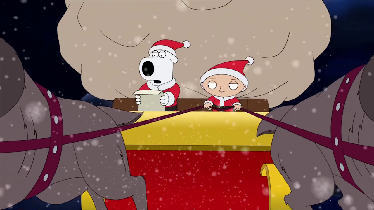 Still frame from Family Guy: Road to the North Pole showing Brian and Stewie piloting the sleigh.