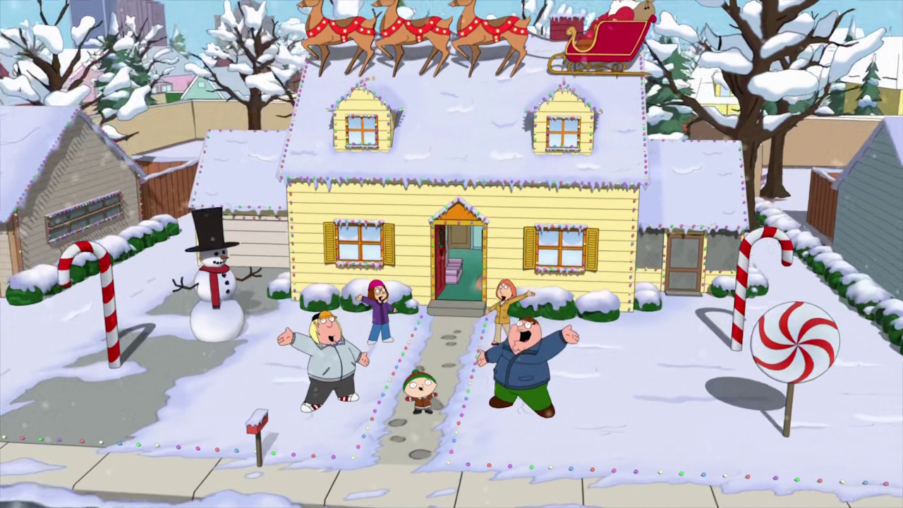 Still frame from Family Guy: Road to the North Pole showing the Griffin family and their house.