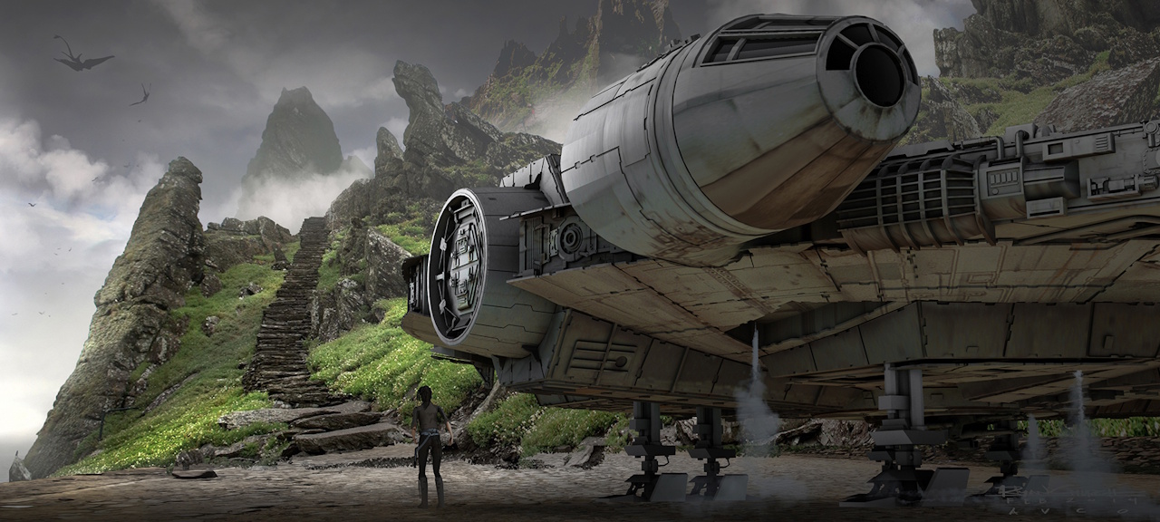 Concept Art for Star Wars VII: The Force Awakens showing Rey's arrival at Ahch-To.