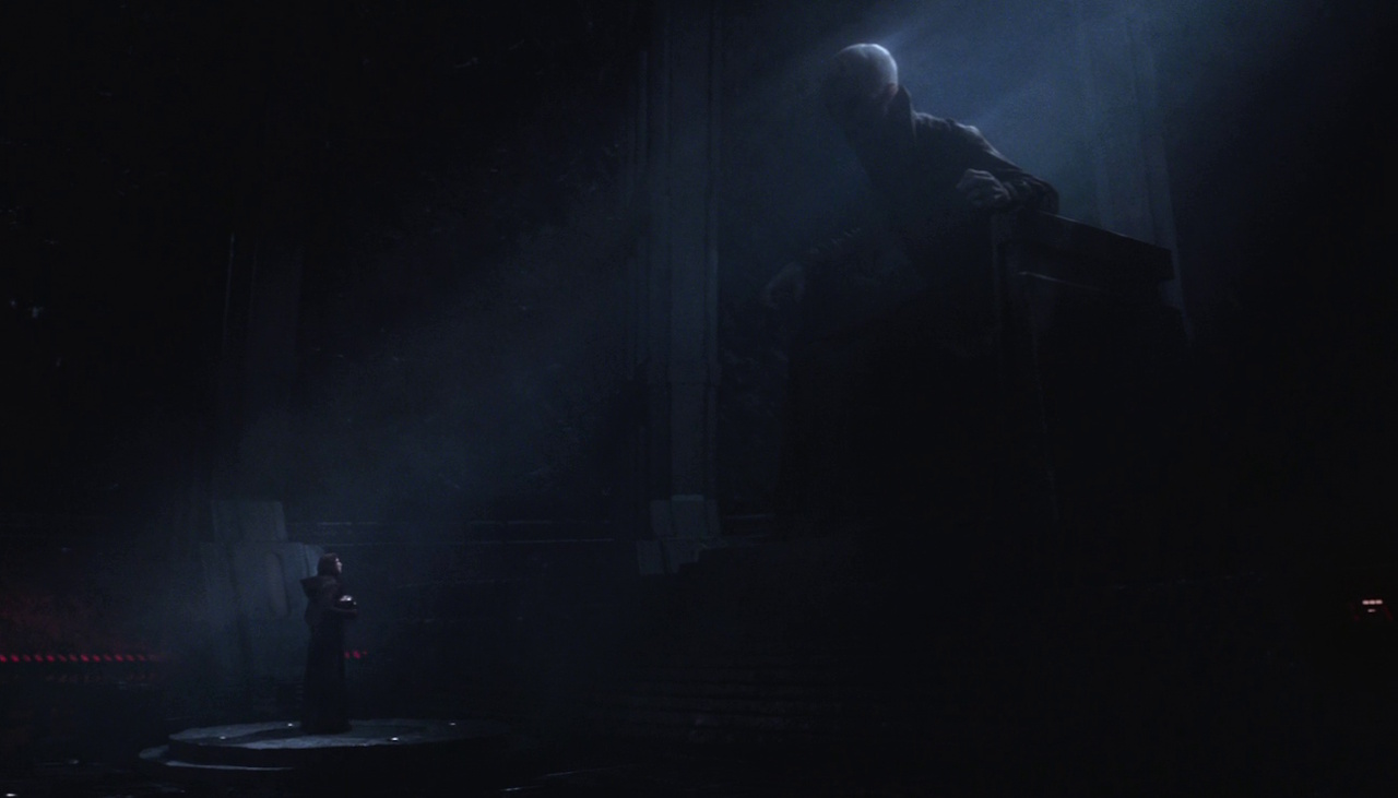 Still frame from Star Wars VII: The Force Awakens (2015) showing Kylo with Snoke.