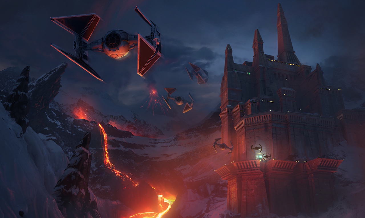 Concept art for Star Wars VII: The Force Awakens (2015) showing TIE Fighters and a castle with a lava moat.