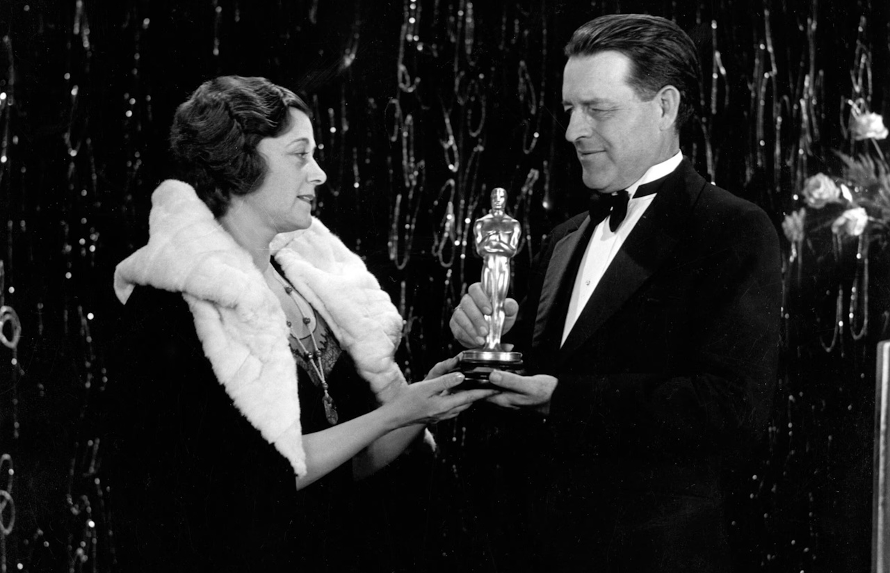 Photo from the 3rd Academy Awards (1930) showing presenter Jack Cunningham and Best Adapted Screenplay winner Frances Cunningham.