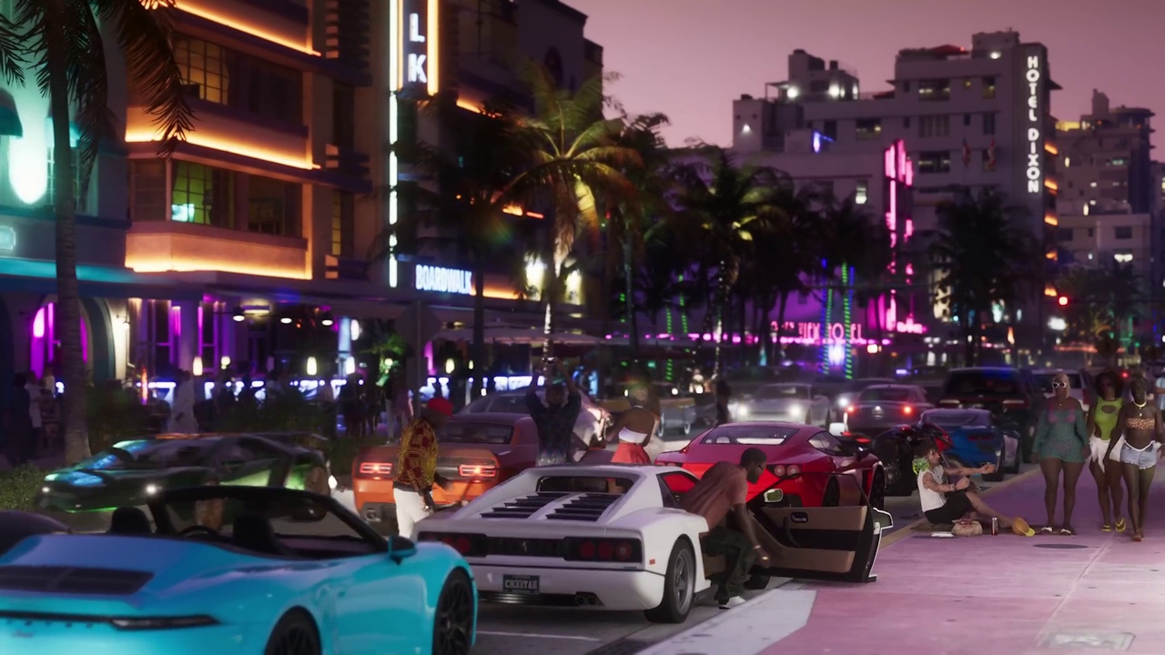 Still frame from the first GTA VI trailer showing cars on a busy street.