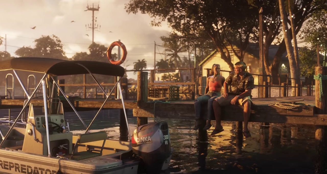 Still frame from the second Grand Theft Auto VI trailer showing the main characters sitting on a dock.