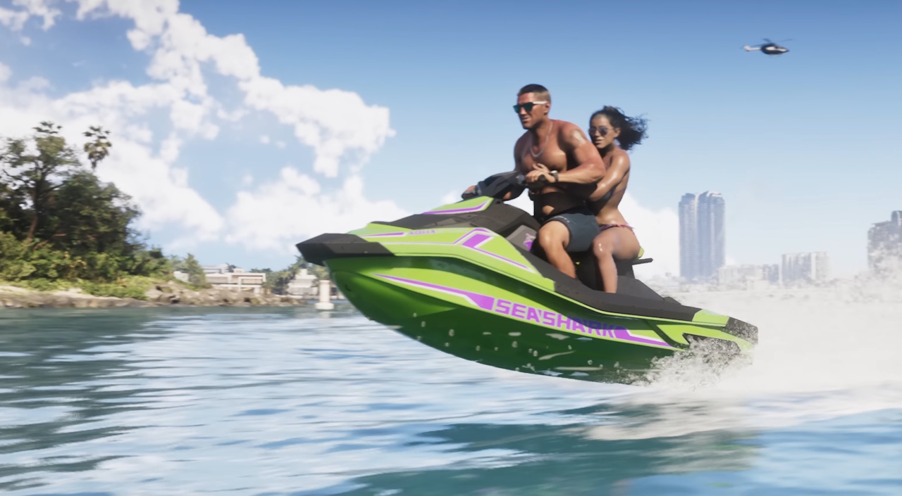 Still frame from the second GTA 6 trailer showing the protagonists riding on a jet ski.