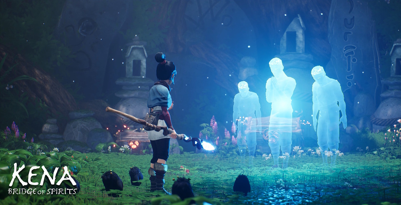 Promo screenshot for Kena: Bridge of Spirits showing Kena, the Rot, and three ghosts.